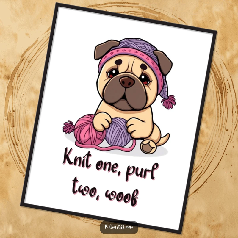 Funny Free Printable Wall Art: A Bullmastiff in a knit hat happily plays with a tangled ball of yarn.