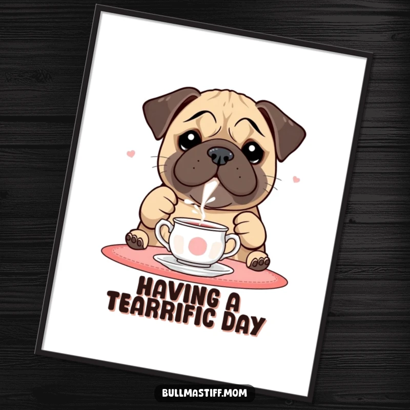 Funny Free Printable Wall Art: A bullmastiff delicately pours tea from a miniature set, creating a whimsical and charming scene.