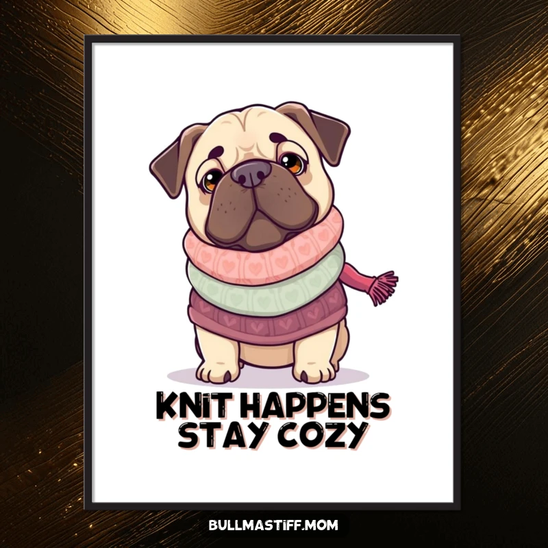 Funny Free Printable Wall Art: Bullmastiff dog in a cozy sweater, skillfully knitting a long scarf.