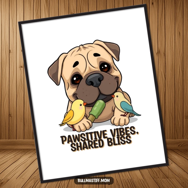 Funny Free Printable Wall Art: A Bullmastiff with a gentle smile offers a chew toy to a tiny bird, depicting pure friendship.