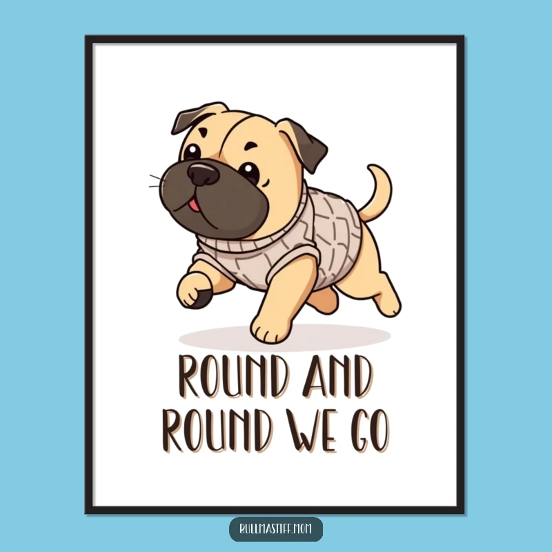 Funny Free Printable Wall Art: Bullmastiff in Sweater Chasing Tail - Playful Dog Downloadable Decor!