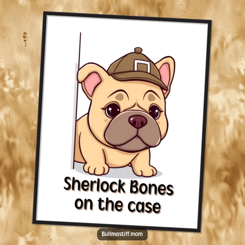 Funny Free Printable Bullmastiff detective, wearing a tiny hat, peeking curiously around a corner, quirky wall art.