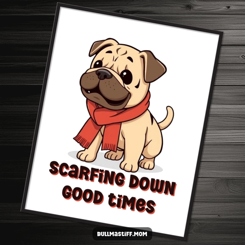 Funny Free Printable Wall Art: An excited Bullmastiff in a scarf is captured mid-tail wag, radiating joy.