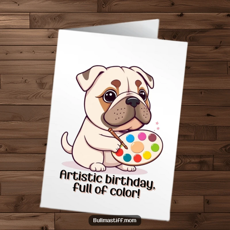 Funny Free Printable Birthday Card: A Bullmastiff artist with a paint palette, splattering colors for a happy birthday.