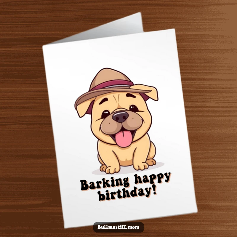 Funny Free Printable Birthday Card: A Bullmastiff in a silly hat barks with pure birthday joy.