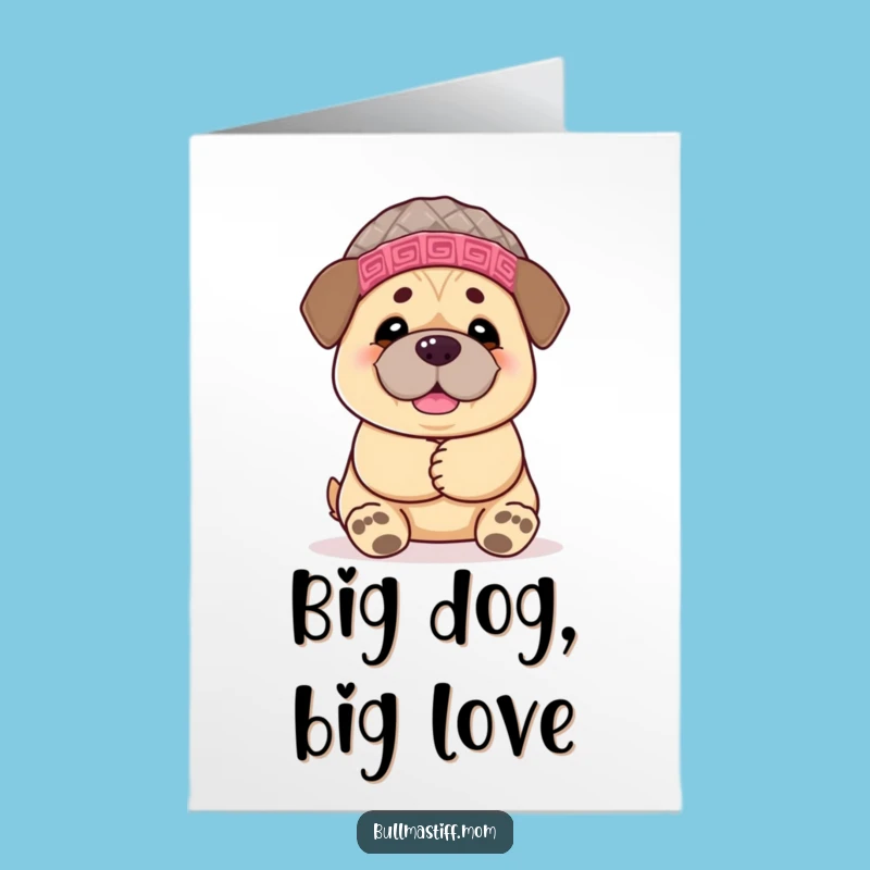 Free Printable Birthday Card: Bullmastiff Hug! Cozy Knitted Hat, Funny Downloadable Gift.