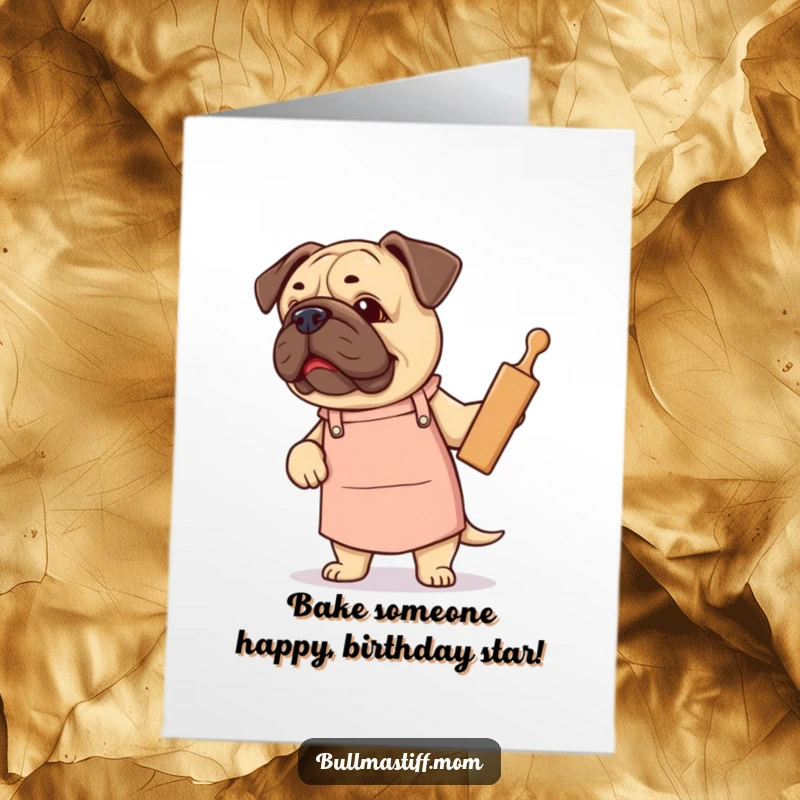 Free Printable Birthday Card: Bullmastiff in apron proudly holds rolling pin, ready to bake birthday fun.