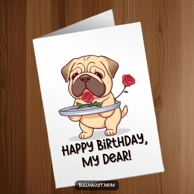 Funny Free Printable Birthday Card: Bullmastiff carefully carrying a tray presented with a single rose.