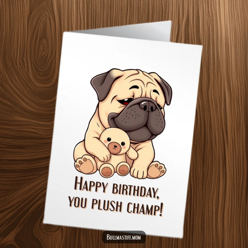 Funny Free Printable Birthday Card showing a Bullmastiff hugging its plush toy, looking utterly content and cherished.