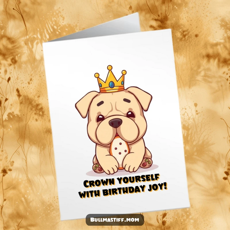 Funny Free Printable Birthday Card: Bullmastiff dog wearing a tiny crown, happily eating a tasty treat.