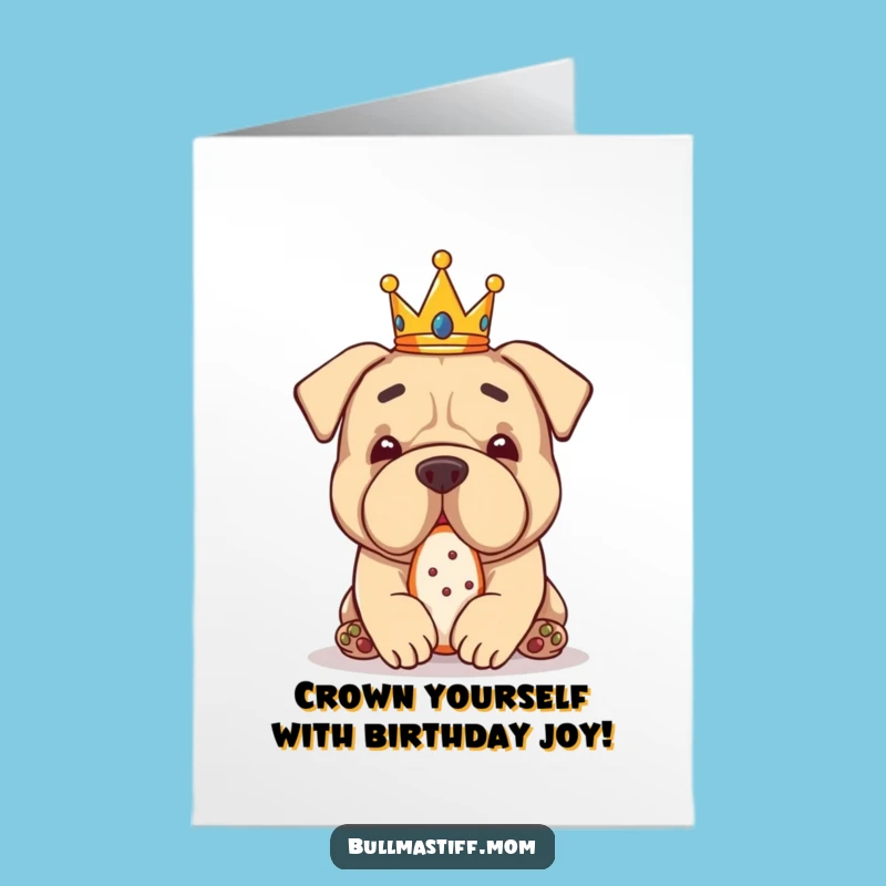 Free Printable Birthday Card: Crowned Bullmastiff Treat, Funny Dog Downloadable