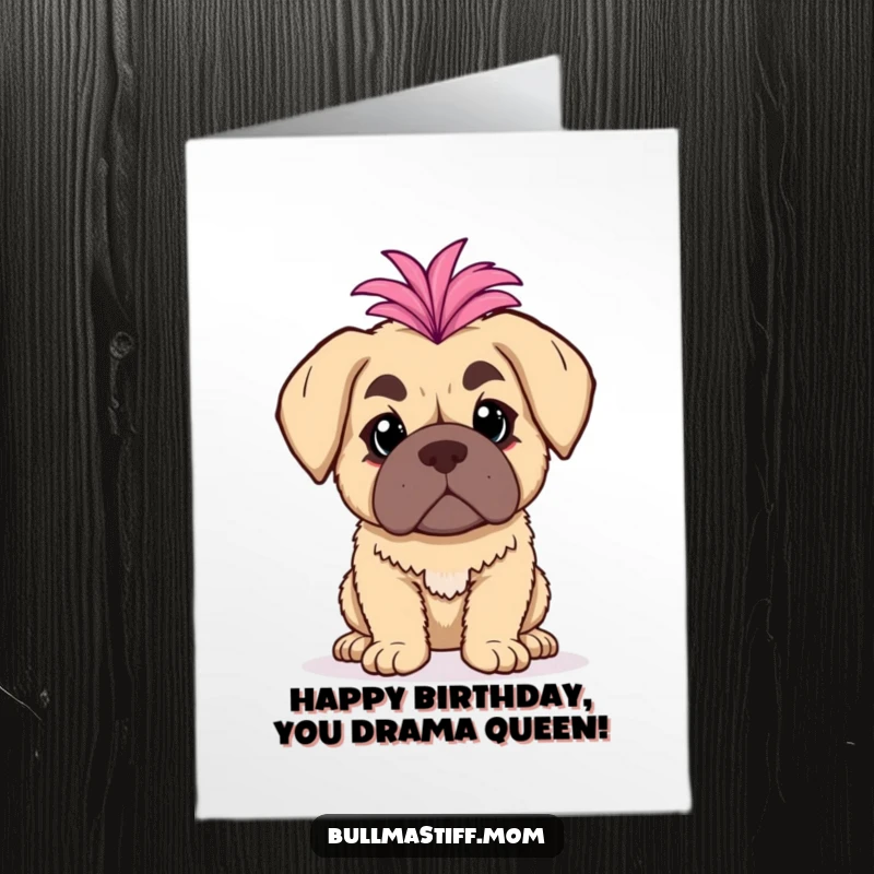 Funny Free Printable Birthday Card: A bullmastiff poses dramatically, adorned with a fluffy boa, ready for a show-stopping birthday.