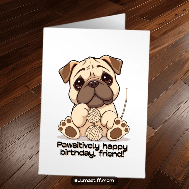 Funny Free Printable Birthday Card: Bullmastiff with huge paws hilariously tangles yarn, ready to send birthday cheer.