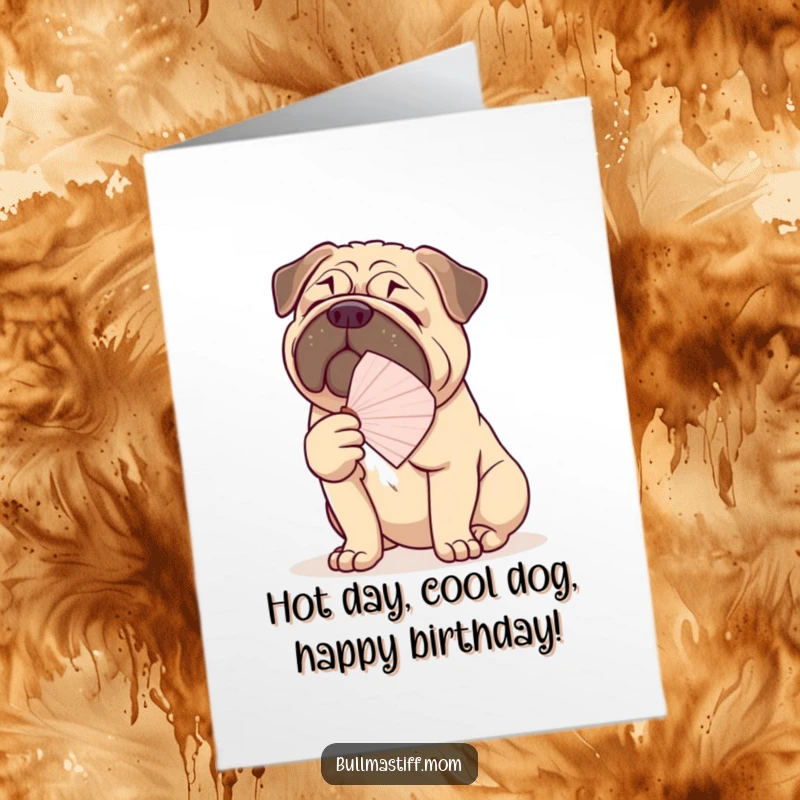 Funny Free Printable Birthday Card featuring a Bullmastiff elegantly fanning itself with a delicate fan, looking quite pleased.