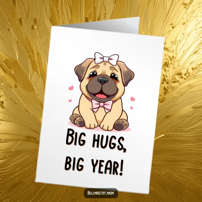 Funny Free Printable Birthday Card: A happy Bullmastiff with a bow on its head receiving a warm hug, celebrating a birthday.