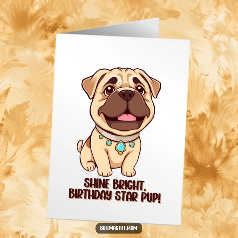Funny Free Printable Birthday Card: Bullmastiff wearing a sparkling jeweled collar, beaming with gentle pride.