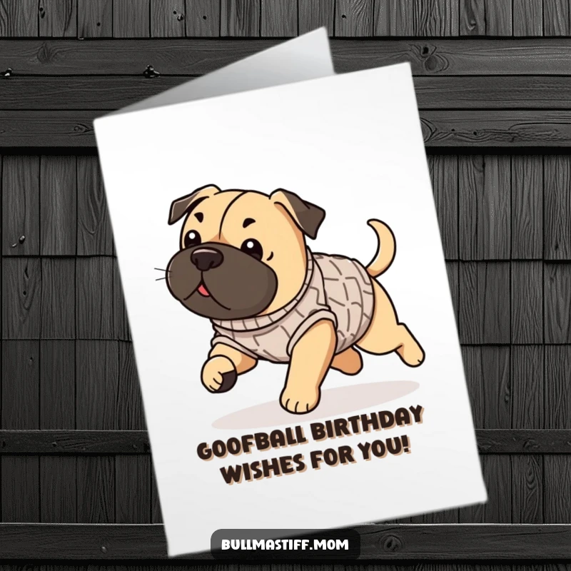 Funny Free Printable Birthday Card: A Bullmastiff in a cozy sweater is hilariously chasing its own tail with joy.