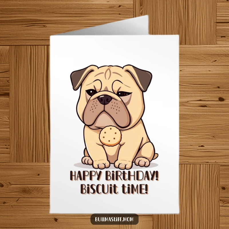 Free Printable Birthday Card: A Bullmastiff with a sly wink presents a single, delicate tea biscuit with charm.