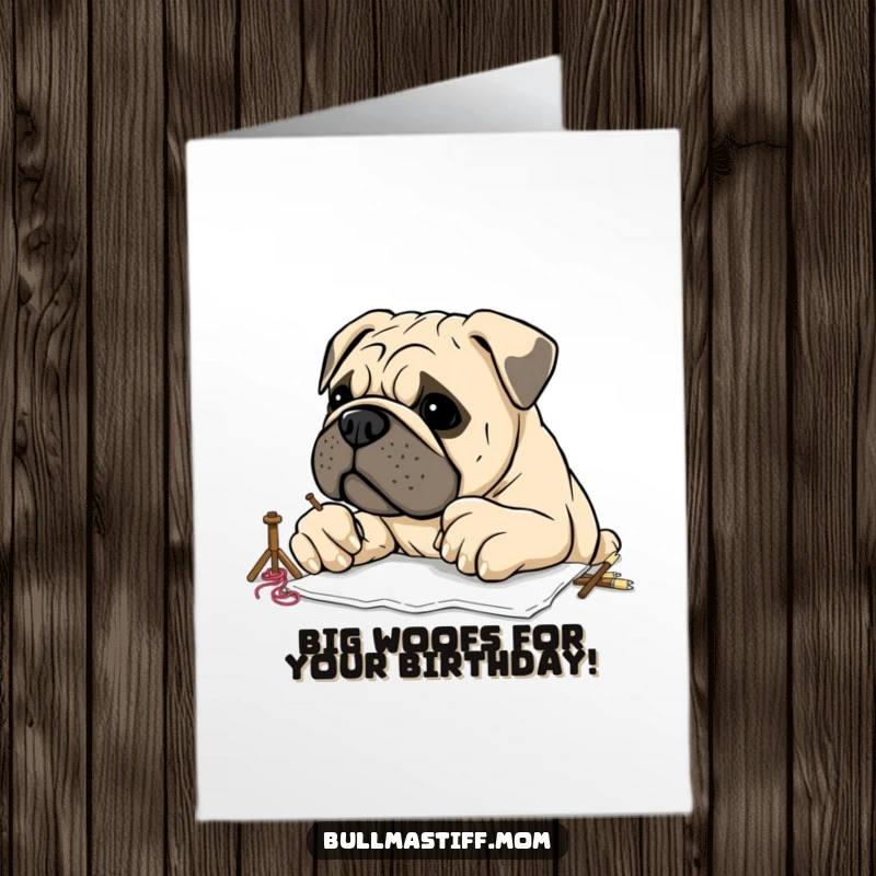 Funny Free Printable Birthday Card featuring a determined Bullmastiff with huge paws, hilariously attempting to embroider a project.