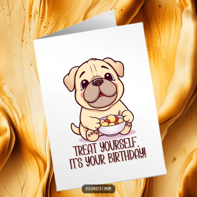 Funny Free Printable Birthday Card: A cheerful Bullmastiff happily offers a tasty treat from a small dish.