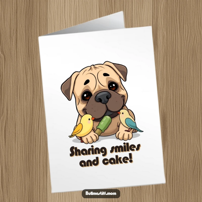Funny Free Printable Birthday Card: A Bullmastiff with a gentle smile shares a chew toy with a tiny bird friend.