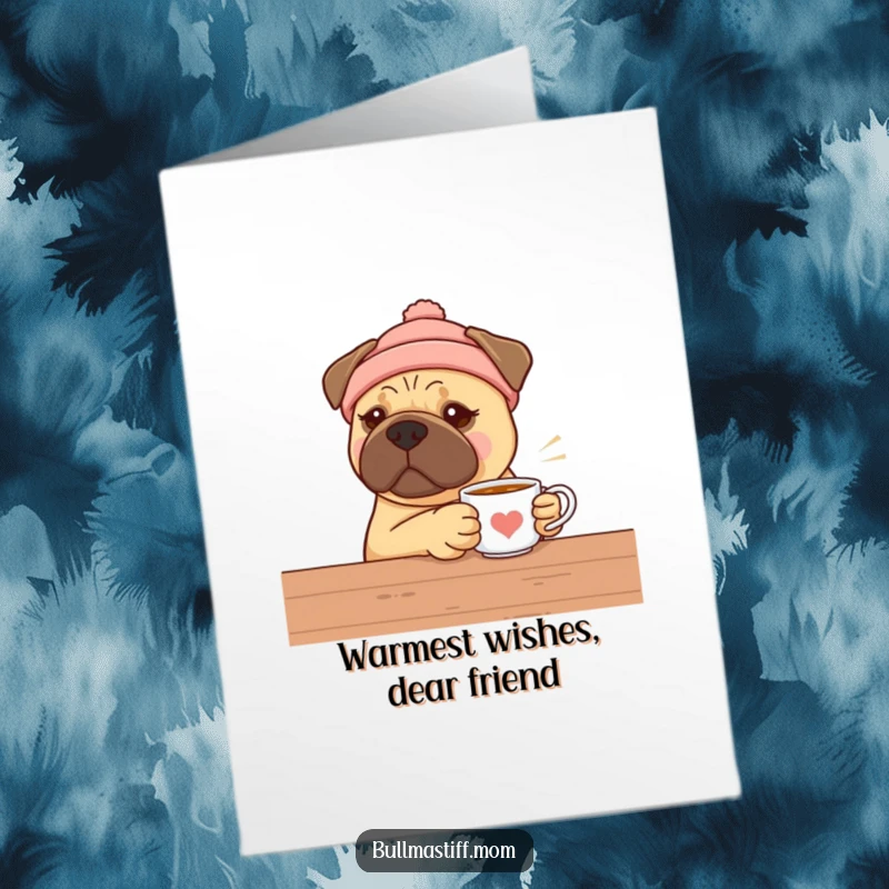 Funny Free Printable Bullmastiff wearing a warm hat, offering a comforting cup of tea, perfect for birthdays.