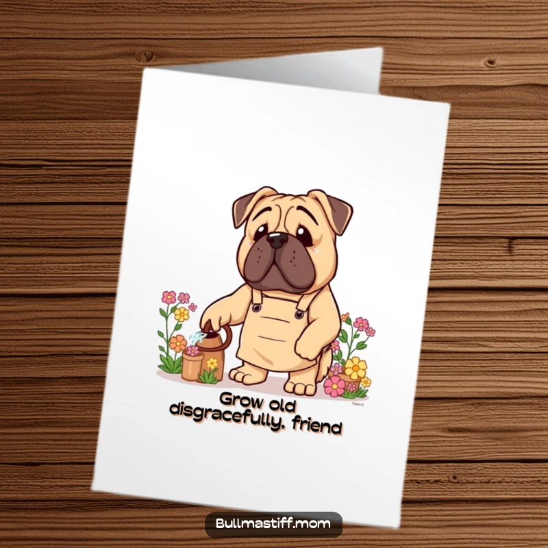 Funny free printable birthday card: Bullmastiff in gardening apron watering flowers, cheerful and outdoorsy downloadable art.