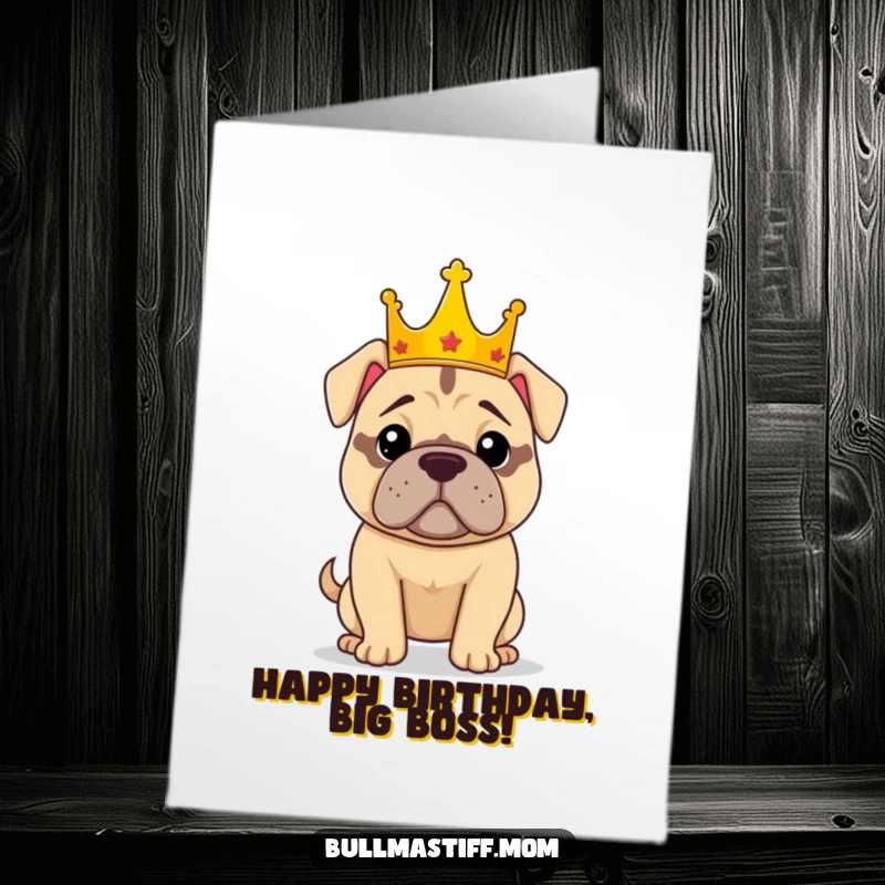 Free Printable Birthday Card: A confident Bullmastiff wearing a crown, posing regally for a birthday wish.