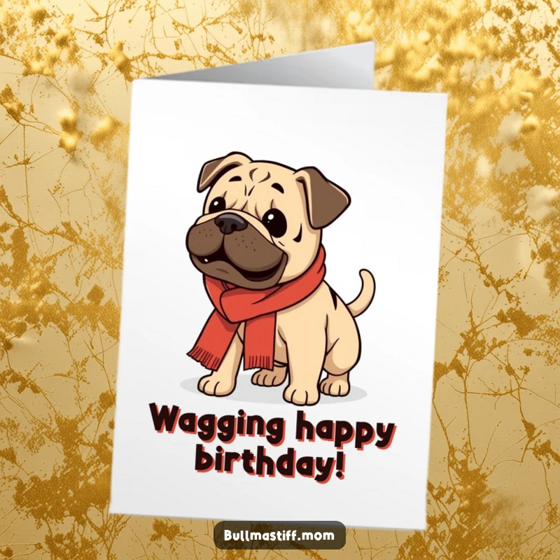 Funny Free Printable Birthday Card: A happy Bullmastiff wearing a scarf, enthusiastically wagging its tail.