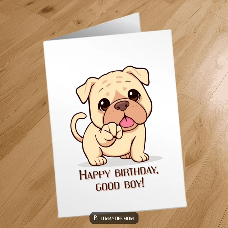 Funny Free Printable Birthday Card: A Bullmastiff with a wagging tail kindly offers its paw for a friendly handshake.