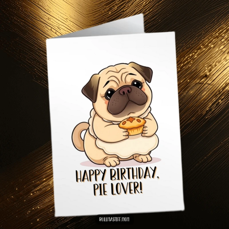 Funny Free Printable Birthday Card: Bullmastiff in apron gently holding a tiny pie, ready to bake.