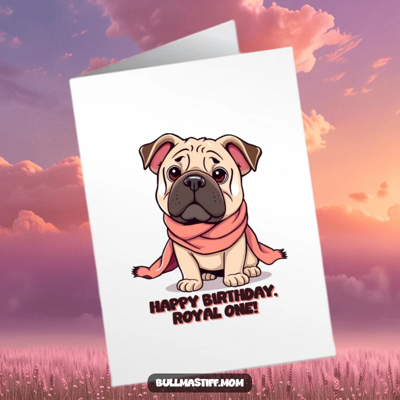 Funny Free Printable Birthday Card: Regal Bullmastiff striking a pose, draped in a silk scarf.