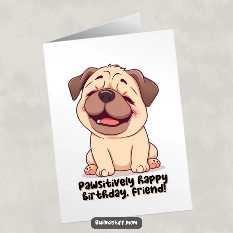 Funny Free Printable Birthday Card: A happy Bullmastiff closing its eyes, blissfully enjoying a gentle head scratch, pure contentment shown.