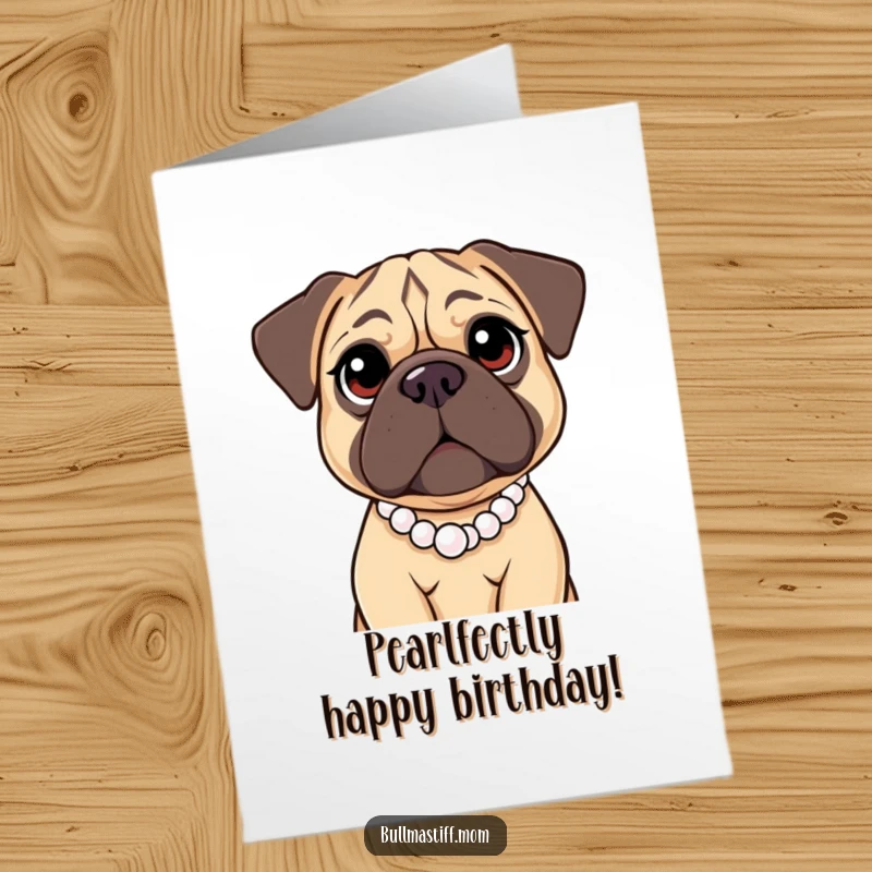 Funny Free Printable Birthday Card: Bullmastiff with kind eyes, wearing a pearl necklace, looking sophisticated.