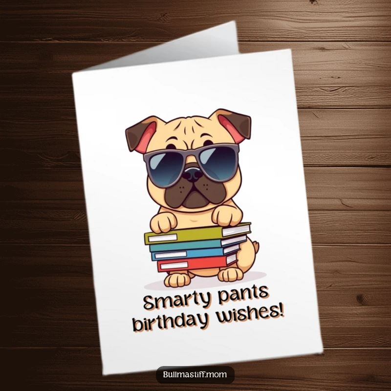 Funny Free Printable Birthday Card: A Bullmastiff sports oversized sunglasses and balances books, looking cool while celebrating your birthday.