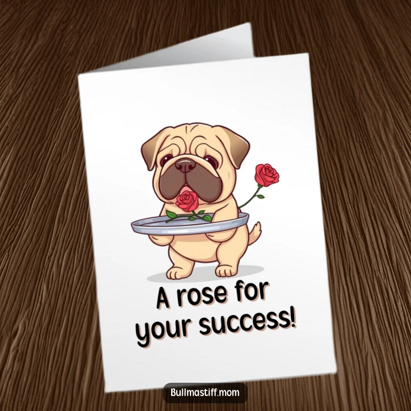 Free Printable Congratulations Card: Bullmastiff carefully carrying a tray with a single rose, offering congratulations.