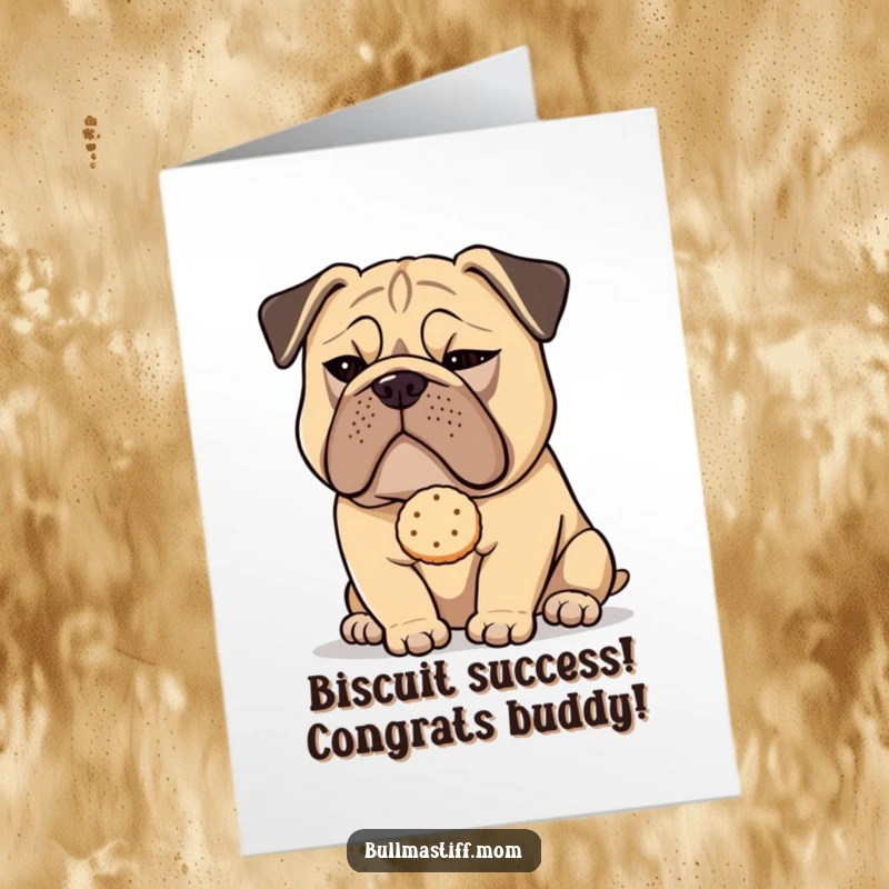 Funny Free Printable Congratulations Card: A Bullmastiff winks slyly while offering a single, perfect tea biscuit.