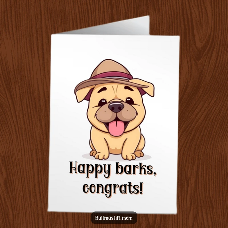 Funny Free Printable Congratulations Card: A Bullmastiff wearing a silly hat happily barks congratulations.
