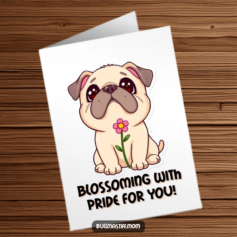 Funny Free Printable Bullmastiff with a flower in its fur, gazing up adoringly, perfect for congratulations.