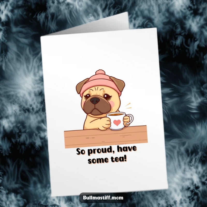 Funny Free Printable Bullmastiff in a warm hat, holding a cup of tea, perfect for congratulations.
