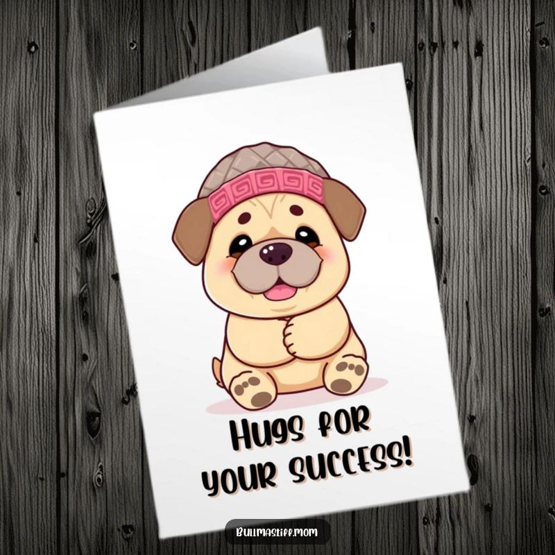 Funny Free Printable Congrats Card: A gentle Bullmastiff wearing a knitted hat extends a big hug, conveying warmth and congrats.