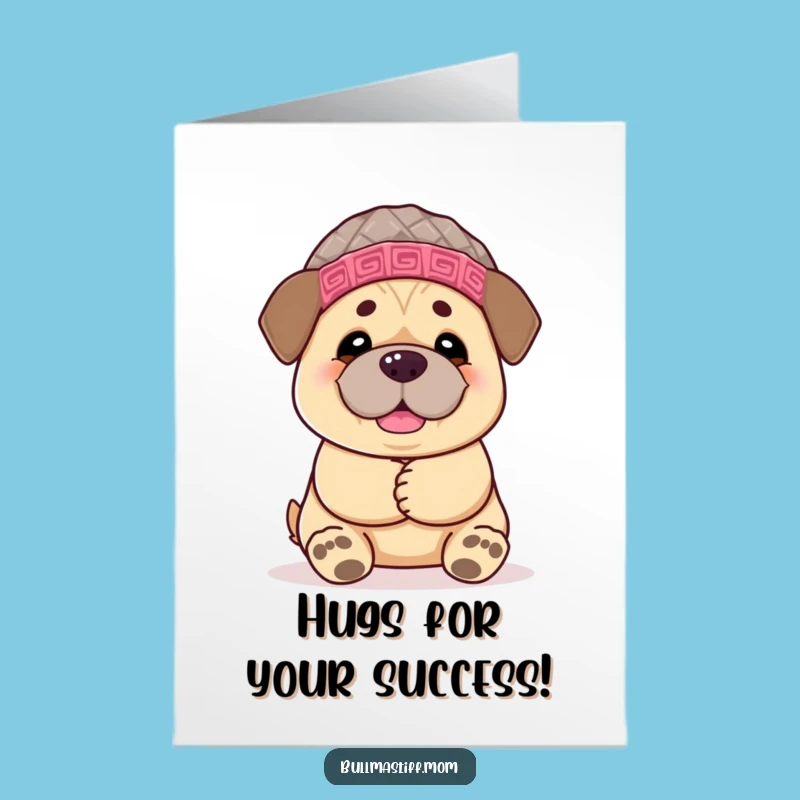 Free Printable Congrats Card: Bullmastiff Hug! Cozy Hat, Funny Downloadable Gift.