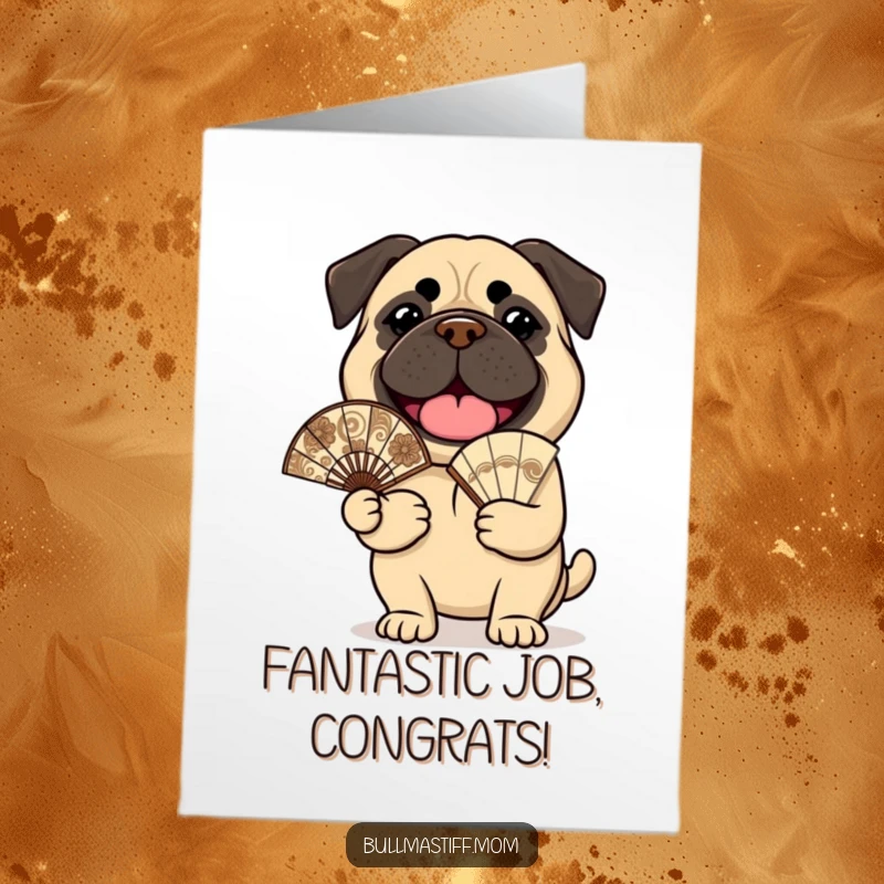 Free Printable Congratulations Card: A bullmastiff holds an ornate fan, celebrating achievements with a cheerful and stylish demeanor.
