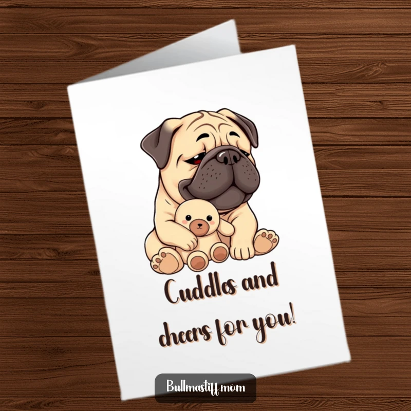 Funny Free Printable Congratulations Card featuring a Bullmastiff looking cherished while cuddling a plush toy.