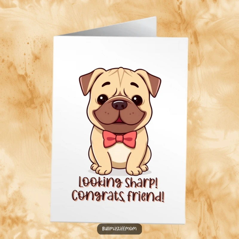 Funny Free Printable Congrats Card: A Bullmastiff looking sharp in a bow tie gives a gentle, proud smile.