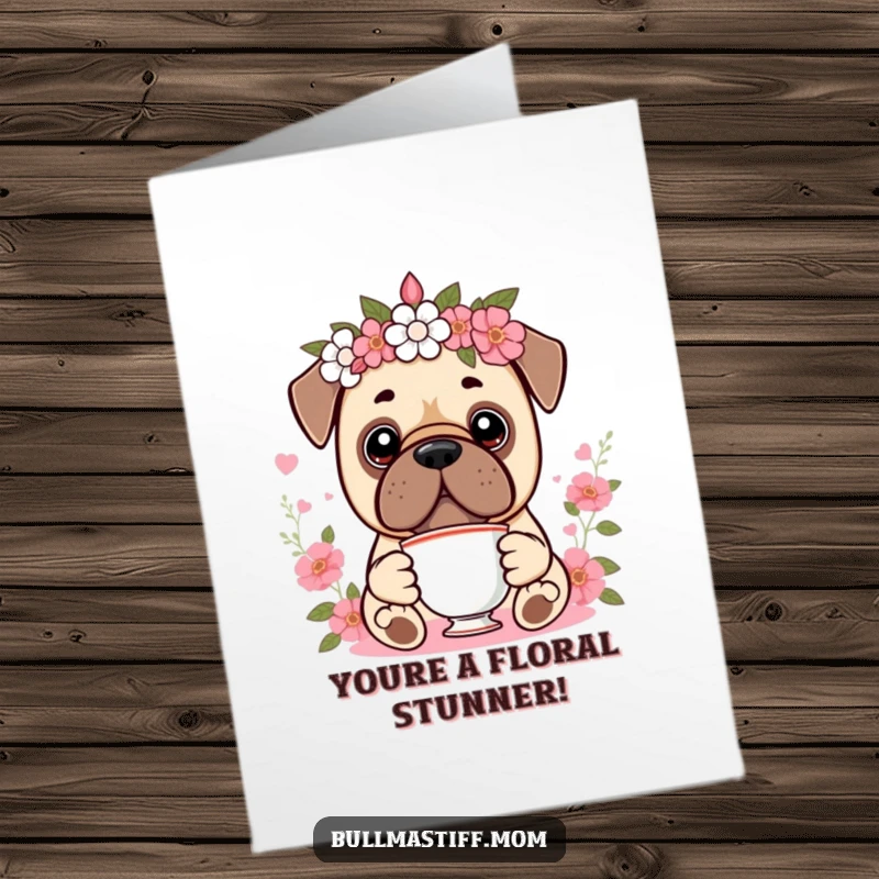 Funny Free Printable Congratulations Card: Kawaii Bullmastiff wearing a floral crown, holding a teacup, celebrating.