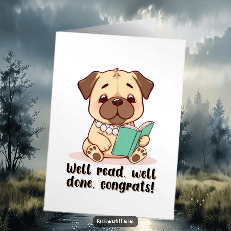 Free Printable Congratulations Card: A cultured bullmastiff sporting pearls and a book, celebrating success with wit and sophistication.