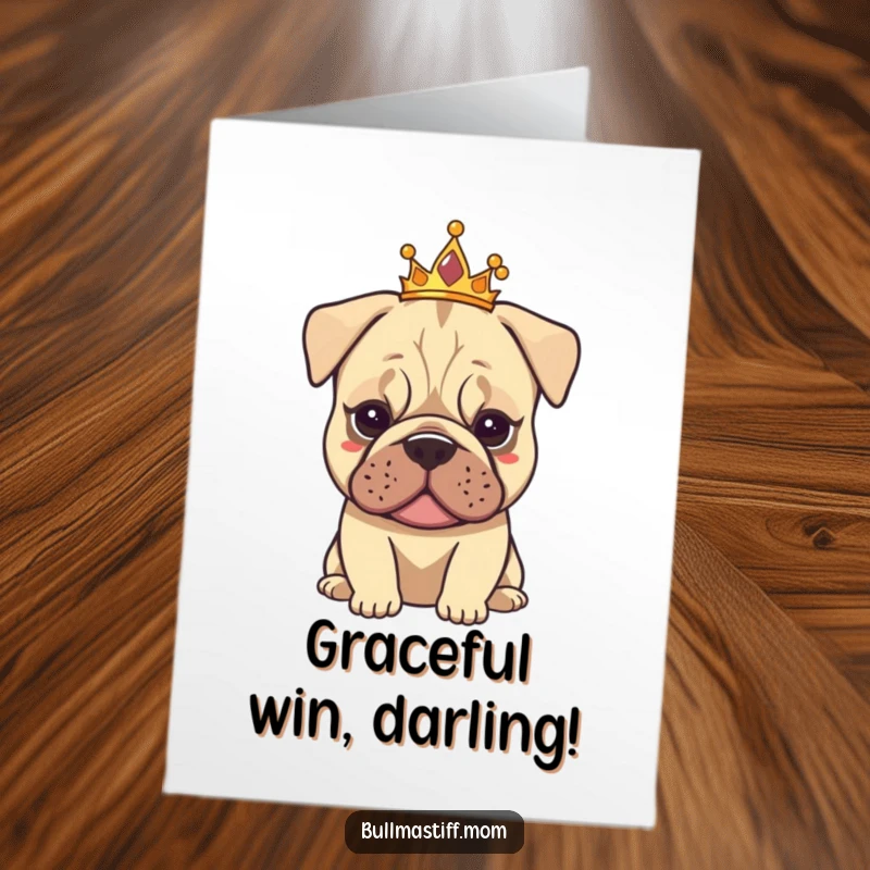Free Printable Congratulations Card: A serene Bullmastiff wearing a small tiara, radiating calm elegance.