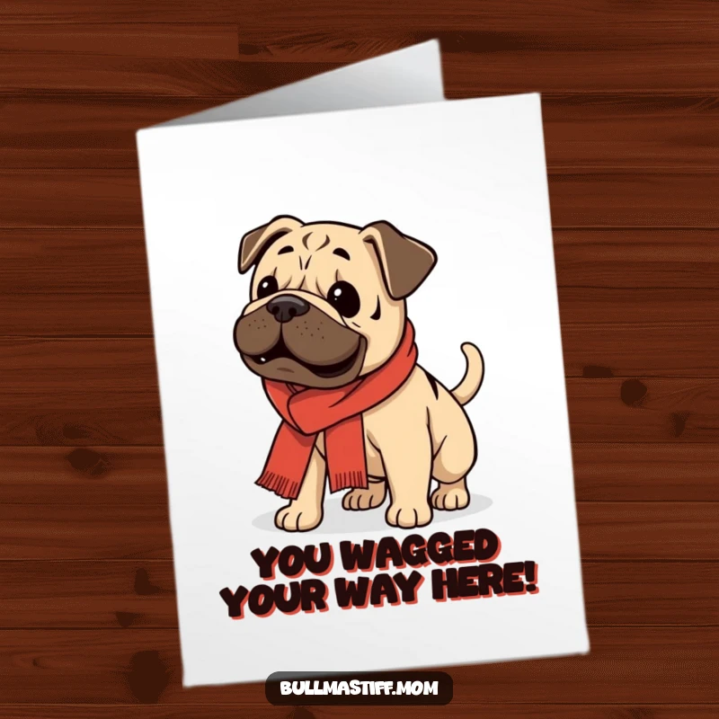 Free Printable Congratulations Card: A Bullmastiff in a scarf joyfully wags its tail, expressing pure delight.