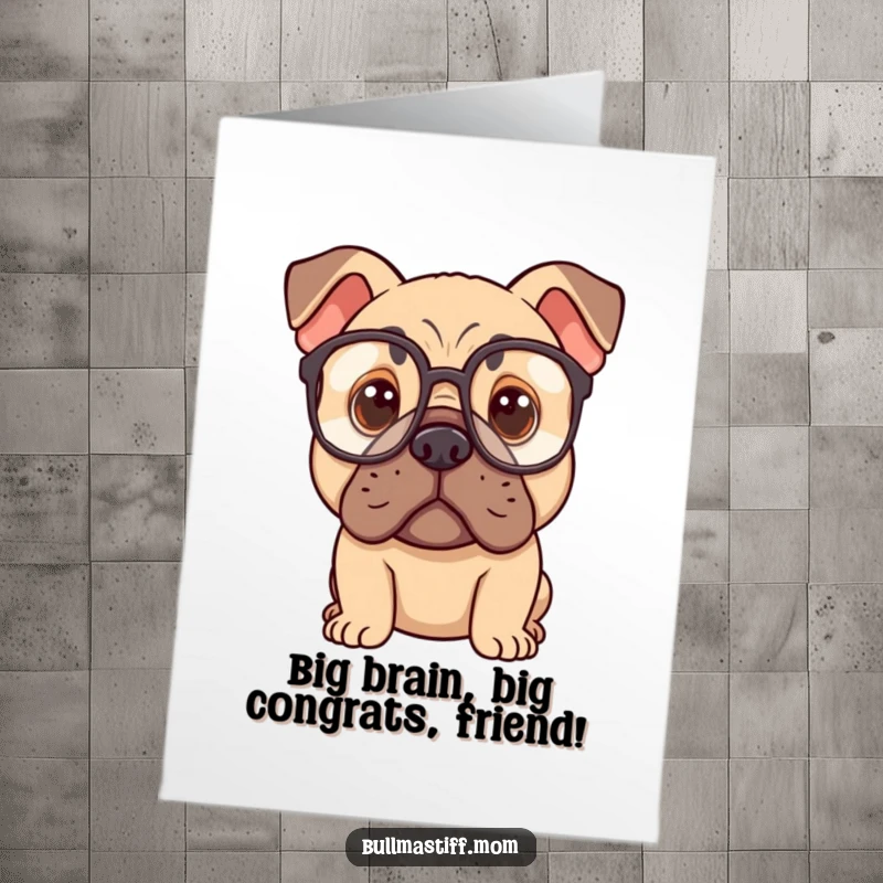 Funny Free Printable Bullmastiff with oversized glasses, looking thoughtful, ideal for congratulations.